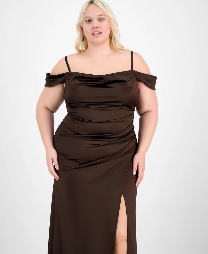 B Darlin Trendy Plus Off-The-Shoulder Satin Gown