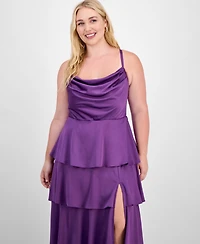 City Studios Trendy Plus Cowl-Neck Tiered Satin Gown