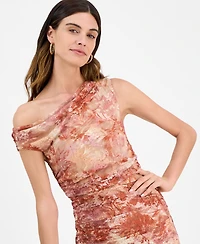 14th Place Juniors' Sheer Floral-Print Off-The-Shoulder Dress
