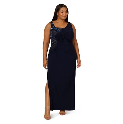 Adrianna Papell Plus Jersey Beaded Long Sleeveless Dress