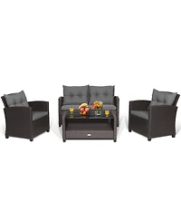 4 Pieces Patio Rattan Conversation Furniture Set with Glass Top Coffee Table