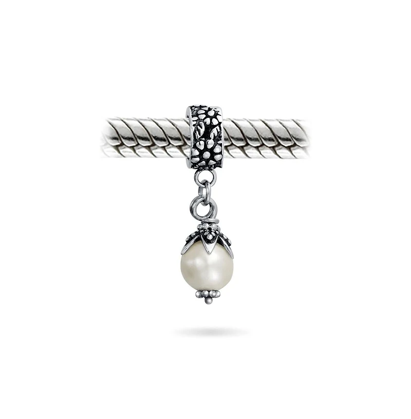 Bling Jewelry Leaf Cap White Simulated Pearl Dangle Charm Bead .925 Sterling Silver Fits European Bracelet