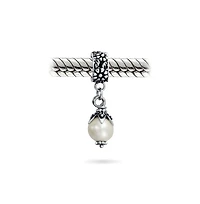 Bling Jewelry Leaf Cap White Simulated Pearl Dangle Charm Bead .925 Sterling Silver Fits European Bracelet