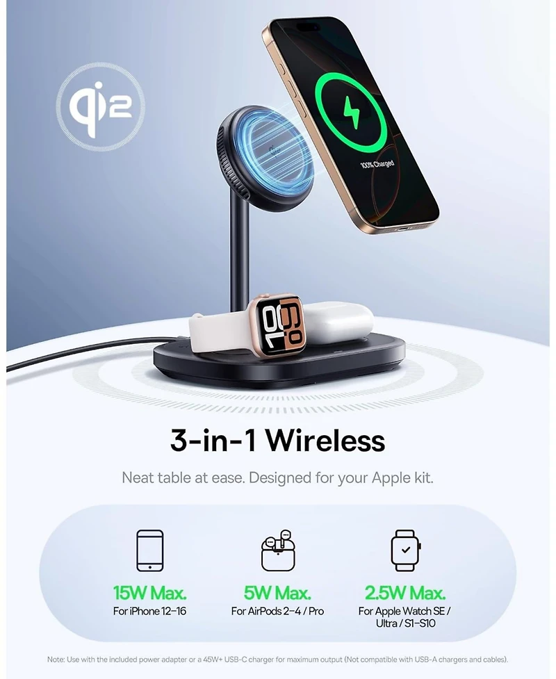 Baseus MagSafe-Compatible 3 in 1 Wireless Charger Stand, Qi2 Certified 15W Wireless Charging Station, Fast Cooling iPhone Charger for iPhone16/15, App