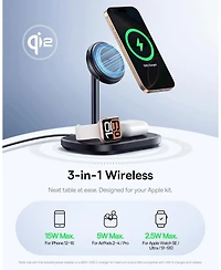 Baseus MagSafe-Compatible 3 in 1 Wireless Charger Stand, Qi2 Certified 15W Wireless Charging Station, Fast Cooling iPhone Charger for iPhone16/15, App