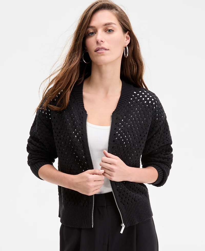 On 34th Women's Perforated Zip-Front Sweater Bomber, Exclusively at Macy's