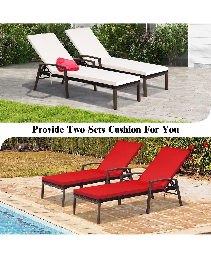 Gymax 2 Pcs Patio Rattan Chaise Lounge Chair Outdoor Reclining Chaise Sun Lounger