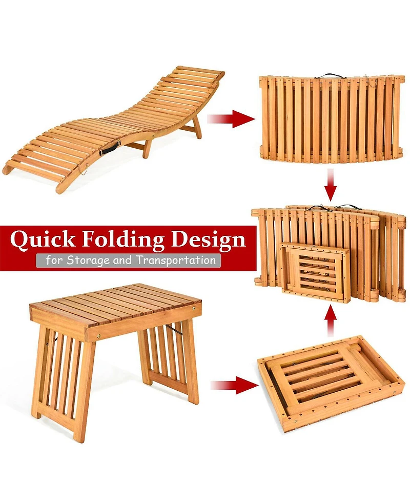 Gymax 3 Pcs Folding Eucalyptus Lounge Chair & Table Set w/ Double-sided Cushion