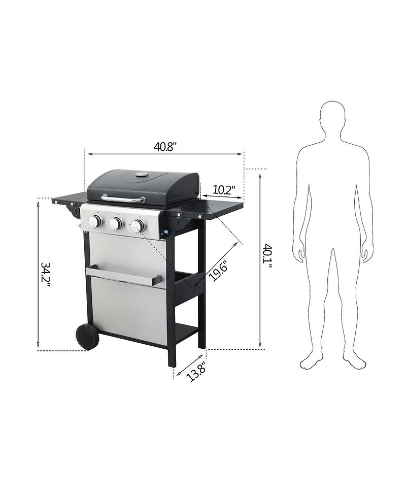 3 Burner Propane Gas Grill with Foldable Side Table and Warming Rack