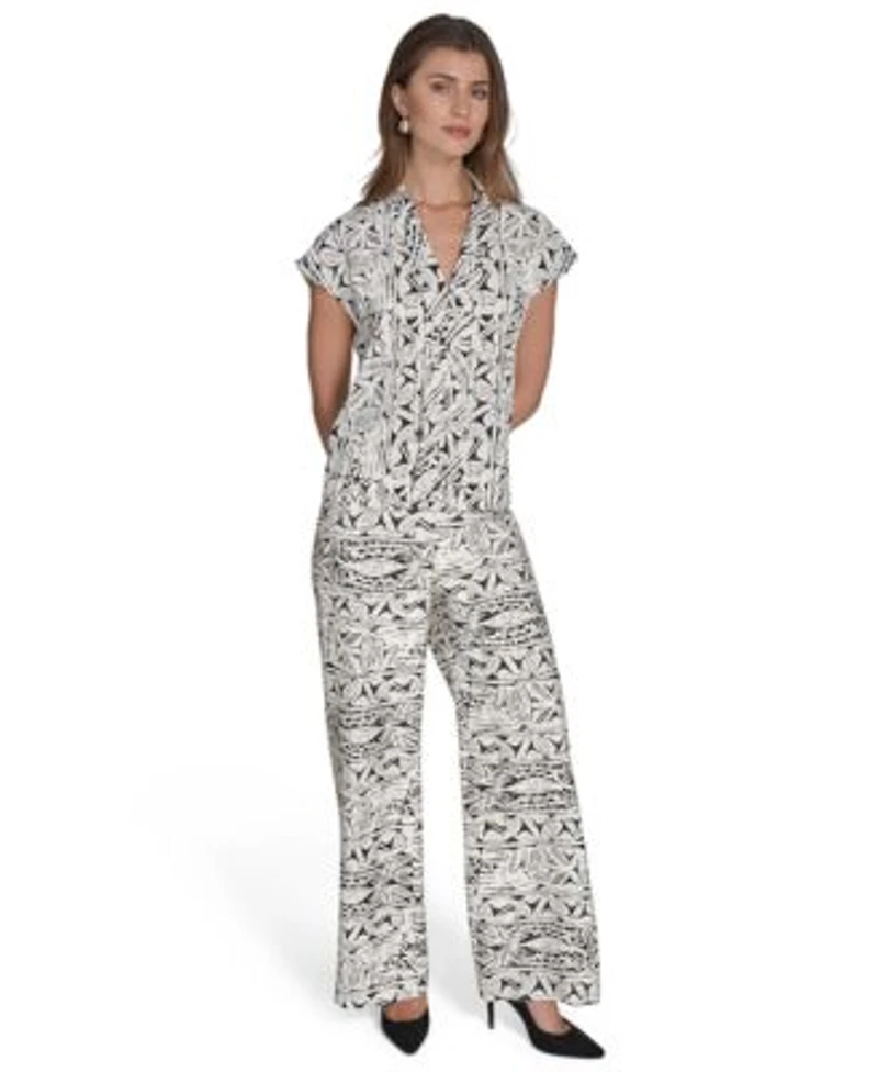 Halston Womens Printed V Neck Cap Sleeve Top Printed High Rise Wide Leg Pants