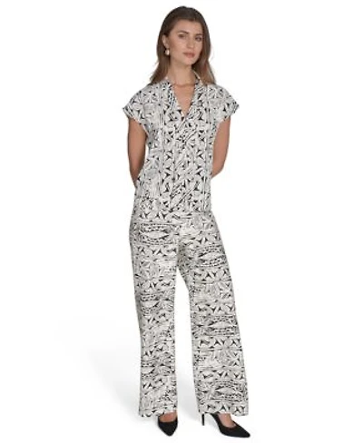 Halston Womens Printed V Neck Cap Sleeve Top Printed High Rise Wide Leg Pants