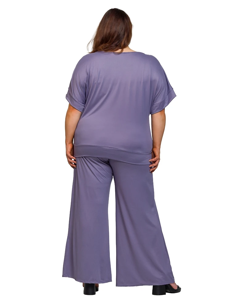 24seven Comfort Apparel Plus Boat Neck Top and Wide Leg Pants Set