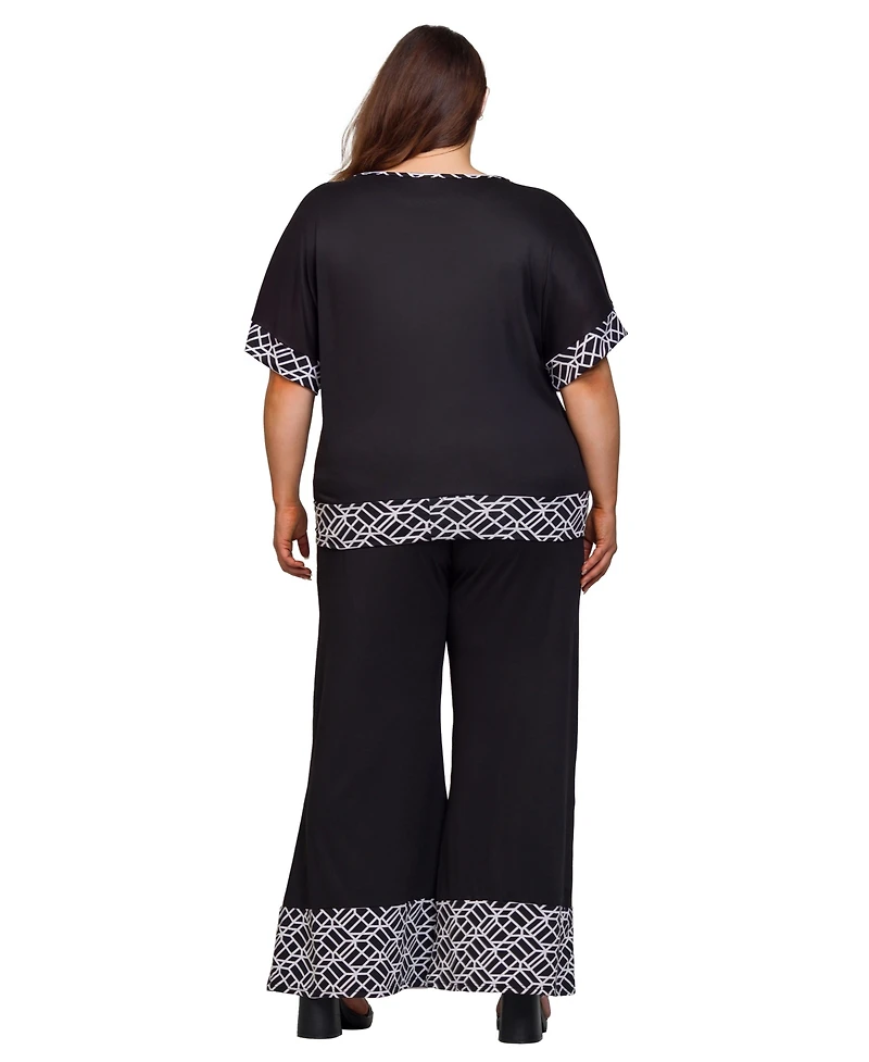 24seven Comfort Apparel Plus Geometric Print Trim 2-Piece Top and Pants Set