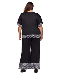 24seven Comfort Apparel Plus Geometric Print Trim 2-Piece Top and Pants Set