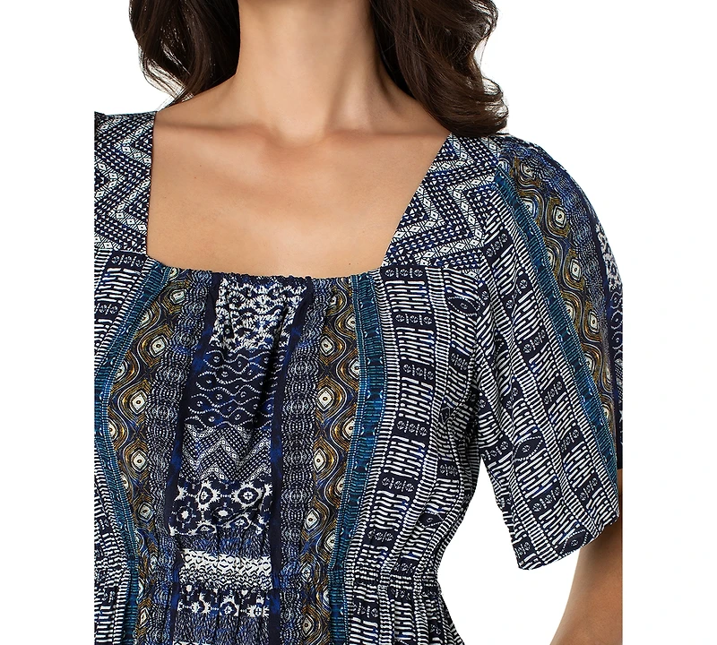 Liverpool Los Angeles Women's Square-Neck Elbow-Sleeve Woven Maxi Dress