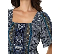 Liverpool Los Angeles Women's Square-Neck Elbow-Sleeve Woven Maxi Dress