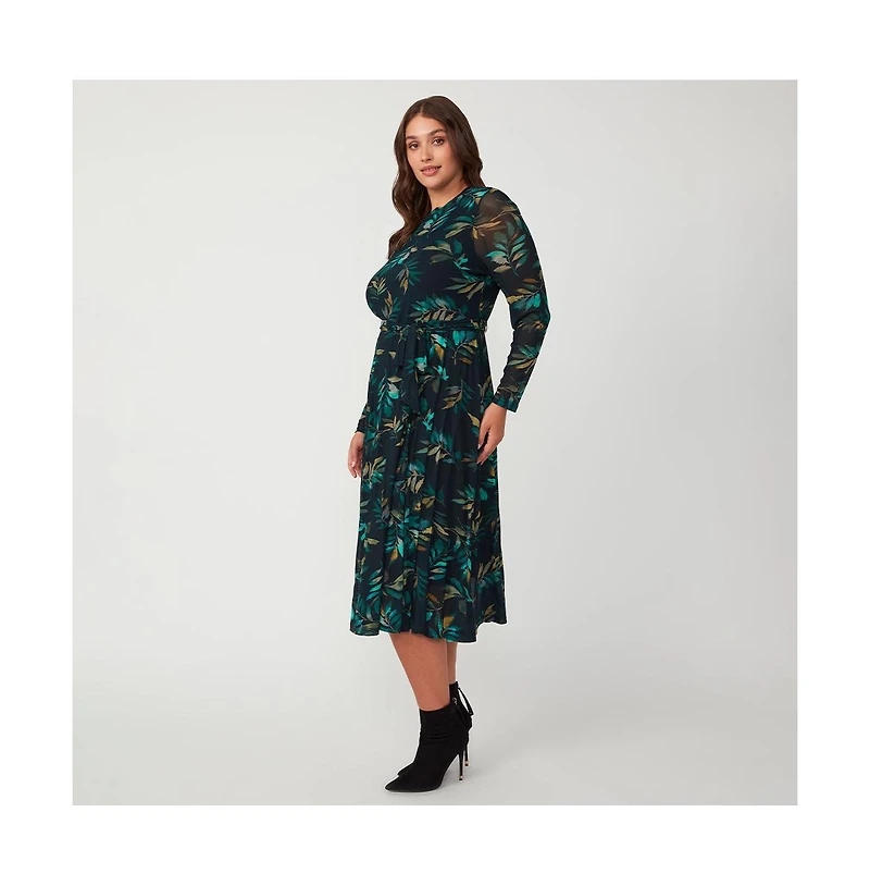 Estelle Foliage Whisper Green Black Floral Mesh Midi Dress