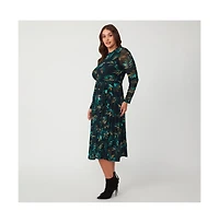 Estelle Foliage Whisper Green Black Floral Mesh Midi Dress