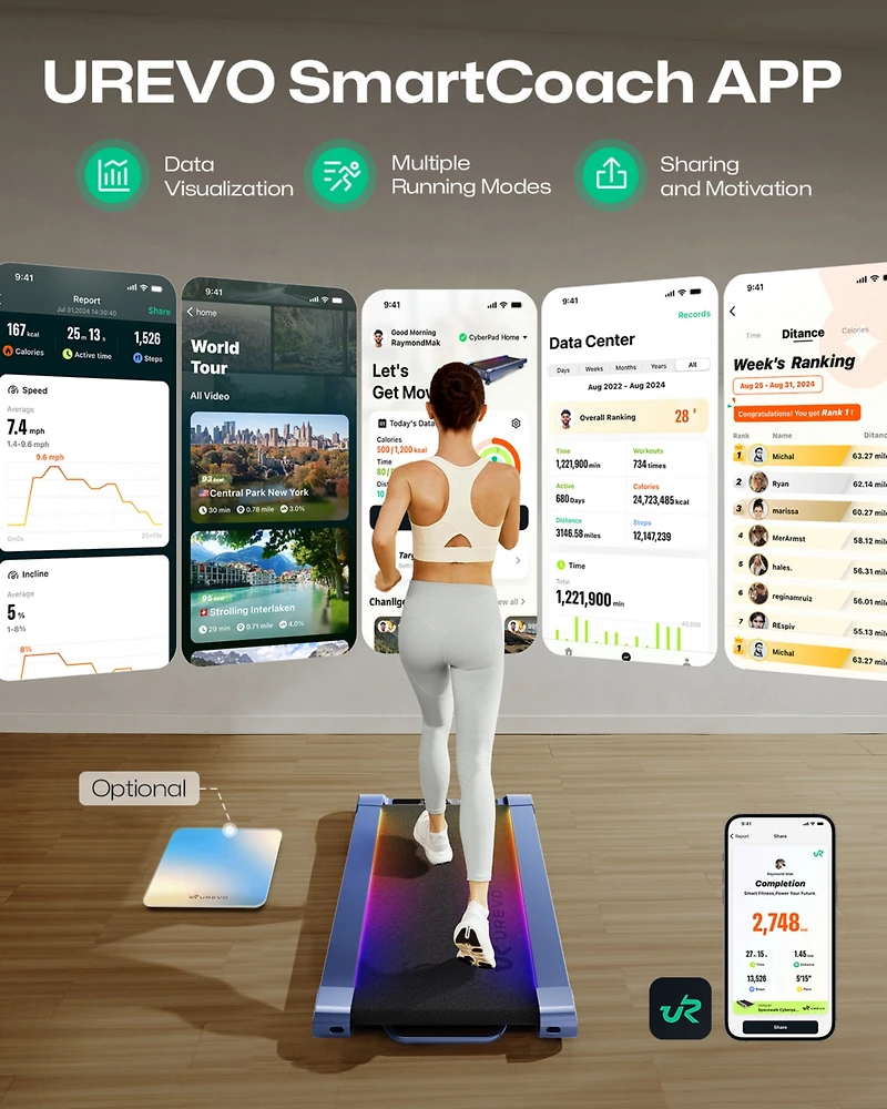 Under Desk Treadmill with Incline, Urevo 14% Max Incline Walking Pad, 2-in-1 Treadmill for Home Office, Extended Walking Surface, Quiet Motor, App Con