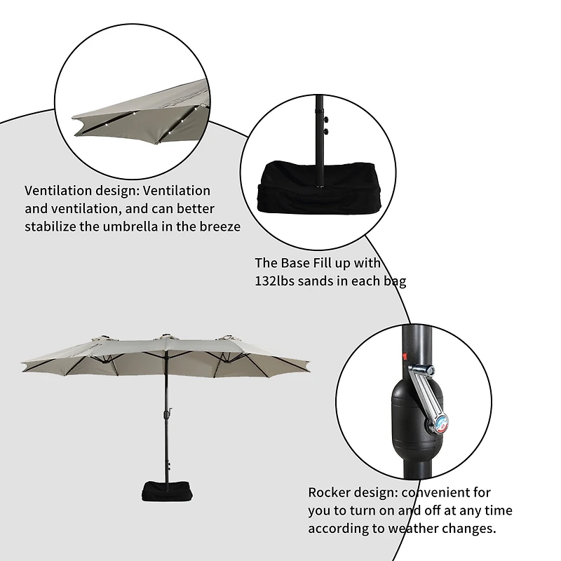 15 Ft Double-Head Patio Umbrella with Base Included Large Outdoor Solar Detachable Lights Rectangular Crank Market