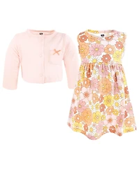 Hudson Baby Girls Cotton Dress And Cardigan Set, Peach Love Flowers