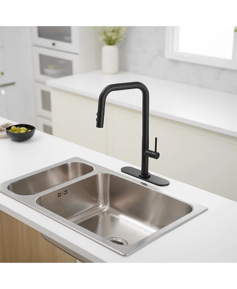Single Handle Pull-Down Sprayer 1 Spray High Arc Kitchen Faucet With Deck Plate in Matte Black
