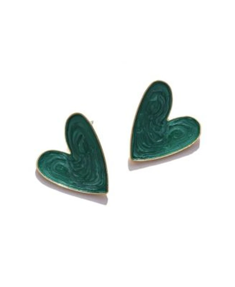 Sohi Womens Green Enamel Heart Stud Earrings
