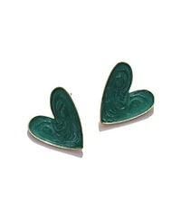 Sohi Womens Green Enamel Heart Stud Earrings