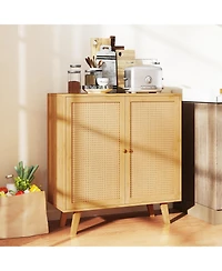 Wicker Buffet Storage Cabinet with Pe Rattan Doors and Freestanding Kitchen Cupboard