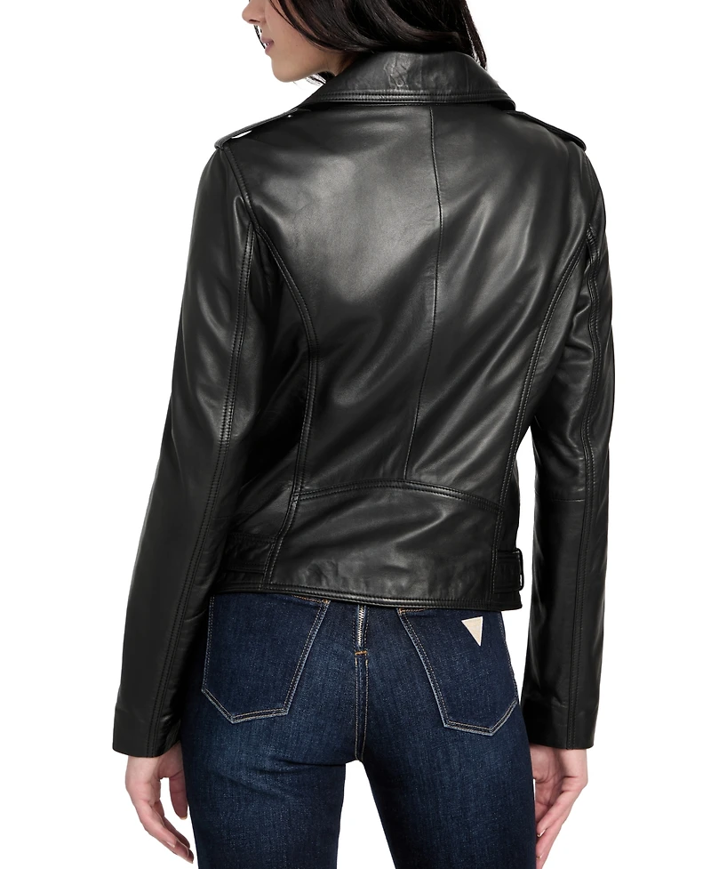 Guess Women's Asymmetric Belted Leather Moto Jacket