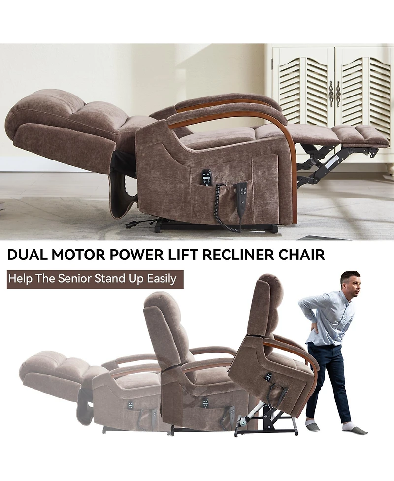 Power Chenille Lift Recliner Chair Dual Motor Infinite Position Up to 350 Lbs with Solid Wood Armrests, Heat Massage and Heavy Duty Motion Mechanism