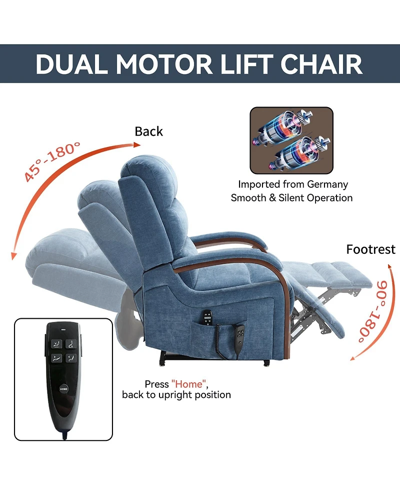 Power Chenille Lift Recliner Chair Dual Motor Infinite Position Up to 350 Lbs with Solid Wood Armrests, Heat Massage and Heavy Duty Motion Mechanism