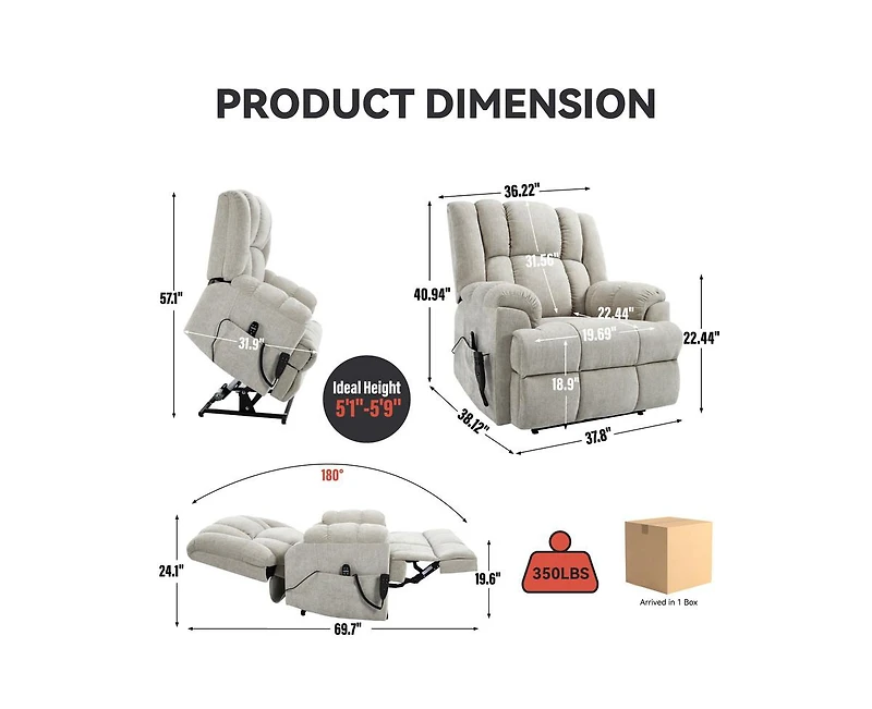 Dual Motor Heat Massage Power Lift Recliner Chair, Up to 350 lbs, Medium-Firm, Heavy-Duty with Remote