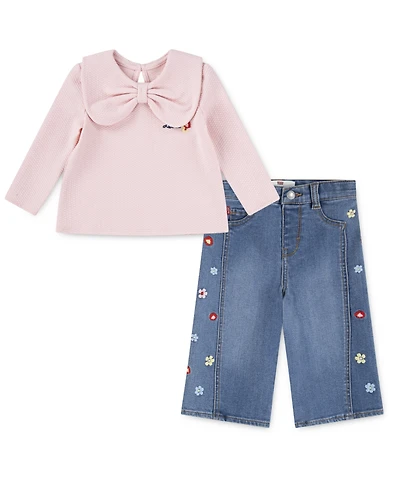 Levi's Little Girls 2-Piece Bow Top and Wide Jeans Set