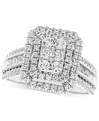 Diamond Emerald Shaped Halo Cluster Multirow Ring (1 ct. t.w.) in 14k White Gold