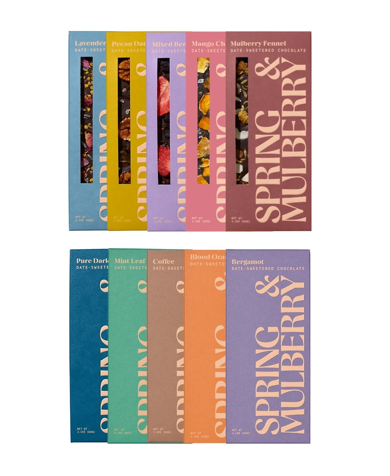 Spring & Mulberry Complete Collection 10-Pack Date-Sweetened Dark Chocolate Bar Gift Set