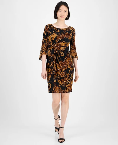 Connected Petite Printed Side-Tab Ruffled-Cuff Dress