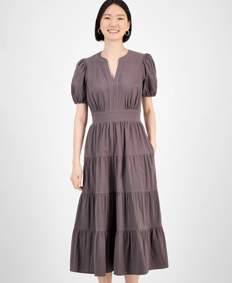 Robbie Bee Women's Cotton Puff-Sleeve Tiered Midi Dress