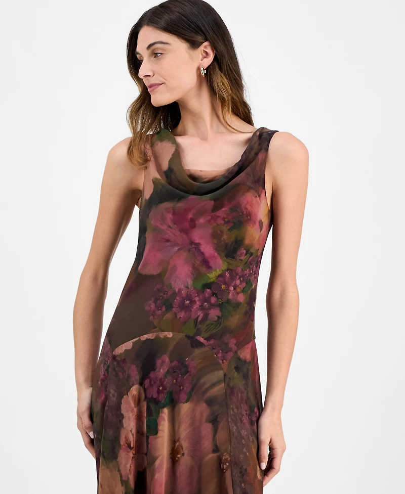 Robbie Bee Women's Cowlneck Floral-Print Dress