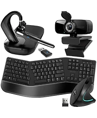 Delton 4pcs Ergonomic Remote Worker Kit, Wireless Bluetooth Headset, Executive Earpiece with Noise Cancelling Mic, 1080p Webcam, Wireless Keyboard and