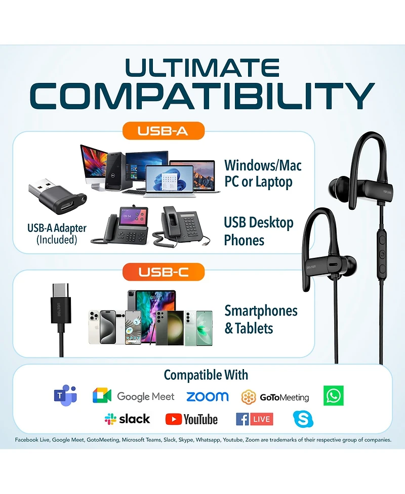 Delton 24EC Wired Earbuds with Microphone, Ergonomic In-Ear Design with Usb C to Usb A Adapter, Hi-Fi Stereo Sound, Usb C wired earbuds for Pc/Laptops