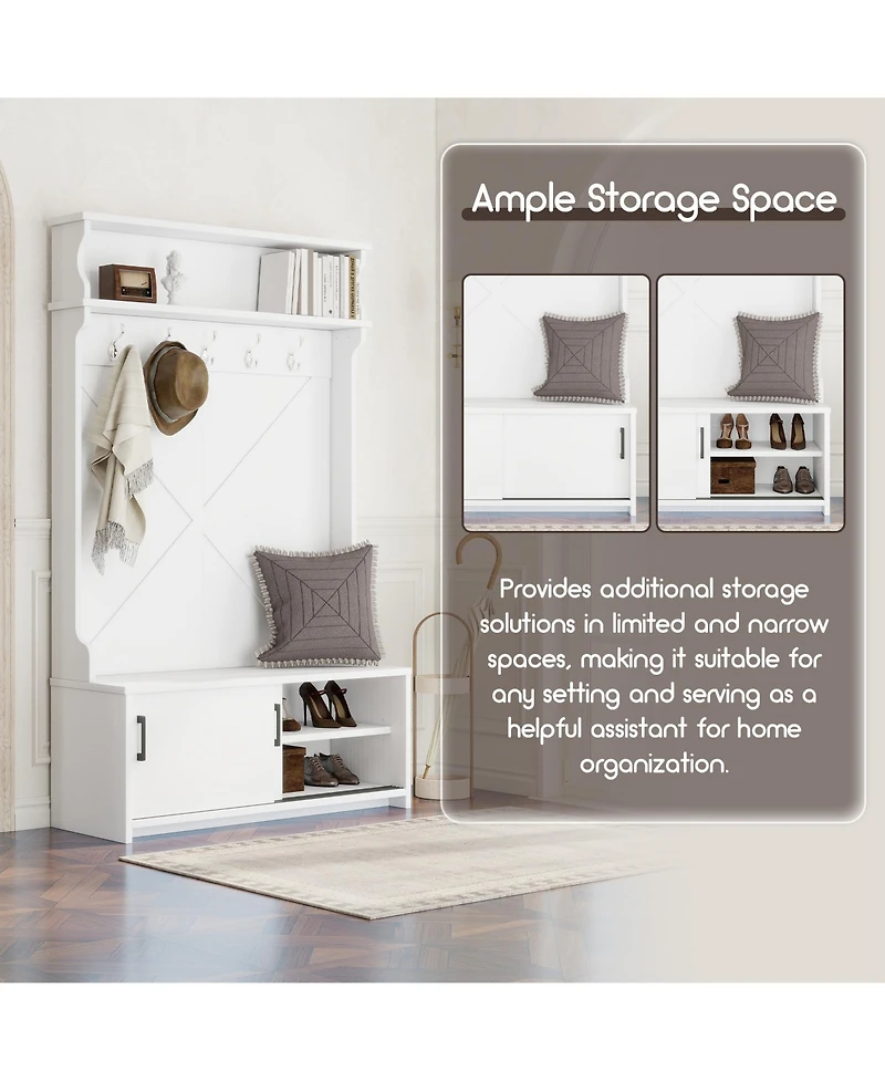 Boyel Living Hall Tree with Top Shelf and Storage Bench, Hallway Shoe Cabinet with Sliding Doors, Coat Rack with 5 Hanging Hooks for Entryways Hallway