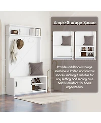Boyel Living Hall Tree with Top Shelf and Storage Bench, Hallway Shoe Cabinet with Sliding Doors, Coat Rack with 5 Hanging Hooks for Entryways Hallway