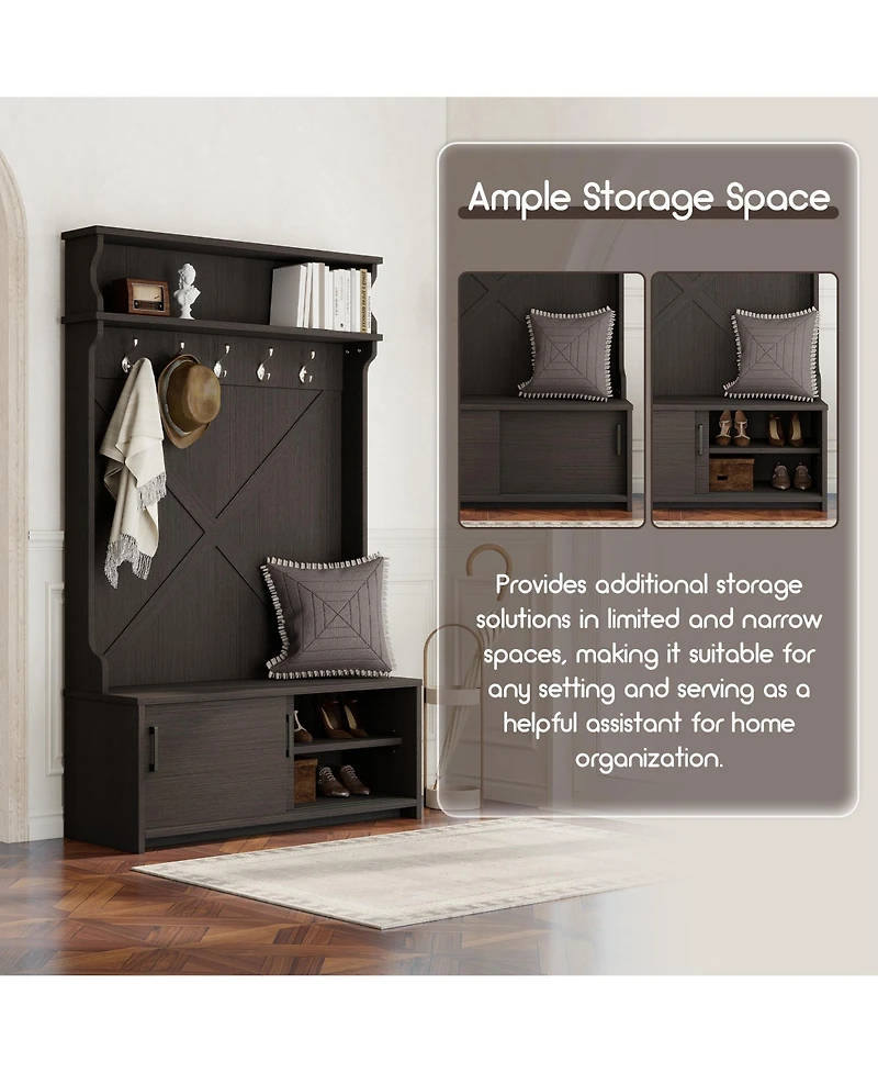 Boyel Living Hall Tree with Top Shelf and Storage Bench, Hallway Shoe Cabinet Sliding Doors, Coat Rack 5 Hanging Hooks for Entryways