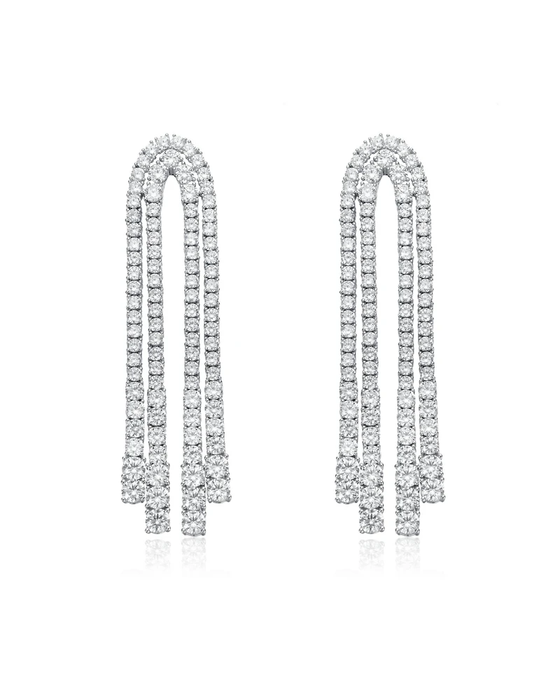 White Gold Plated Cubic Zirconia Linear Waterfall Fringe Dangle Earrings