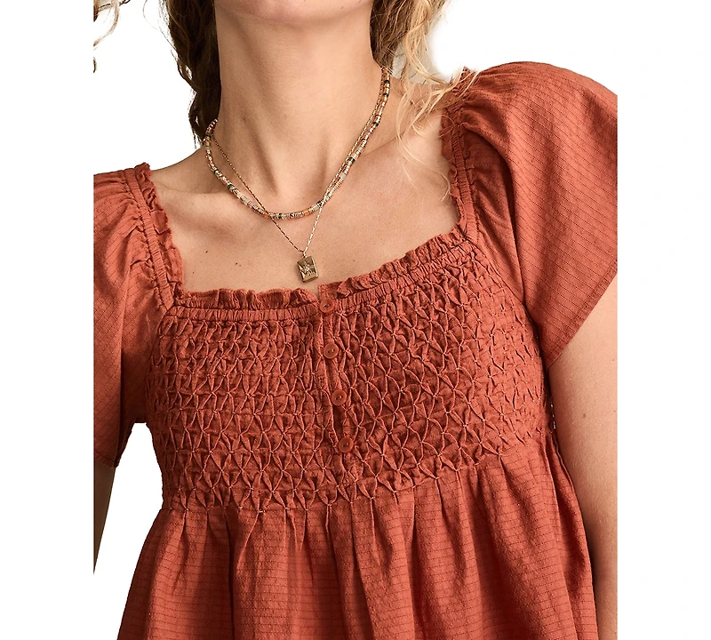 Lucky Brand Women's Cotton Smocked-Bodice Babydoll Top
