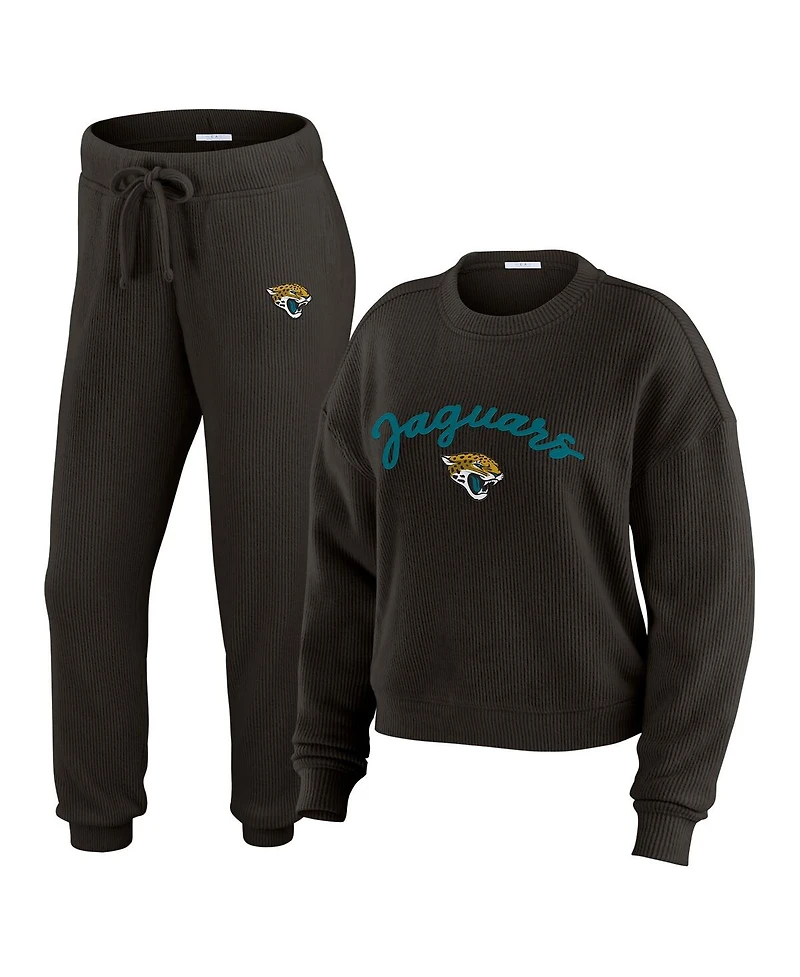 Wear by Erin Andrews Women's 2-Piece Cream Jacksonville Jaguars Plus Size Knitted Tri-Blend Long Sleeve T-Shirt and Pants Lounge Set