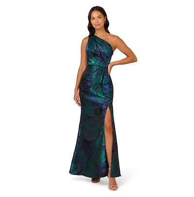 Adrianna Papell Women's Jacquard Printed Asymmetric One-Shoulder Gown