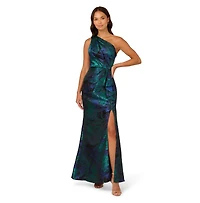 Adrianna Papell Women's Jacquard Printed Asymmetric One-Shoulder Gown