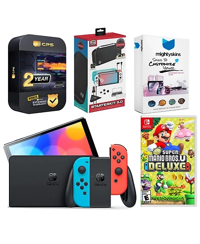 Nintendo Switch Neon Red & Blue Oled Console with New Super Mario Bros. U Deluxe, Surge Accessory Gaming Kit, MightySkins Console and Controller Skin